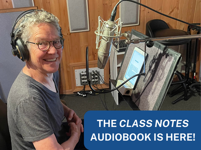 Carolyn Wood in front of a microphone, recording the audio book version of Class Notes.